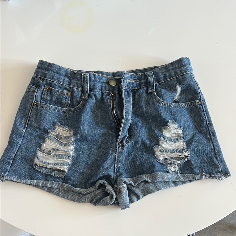 Blue Distressed Jean Shorts with Frayed Hem